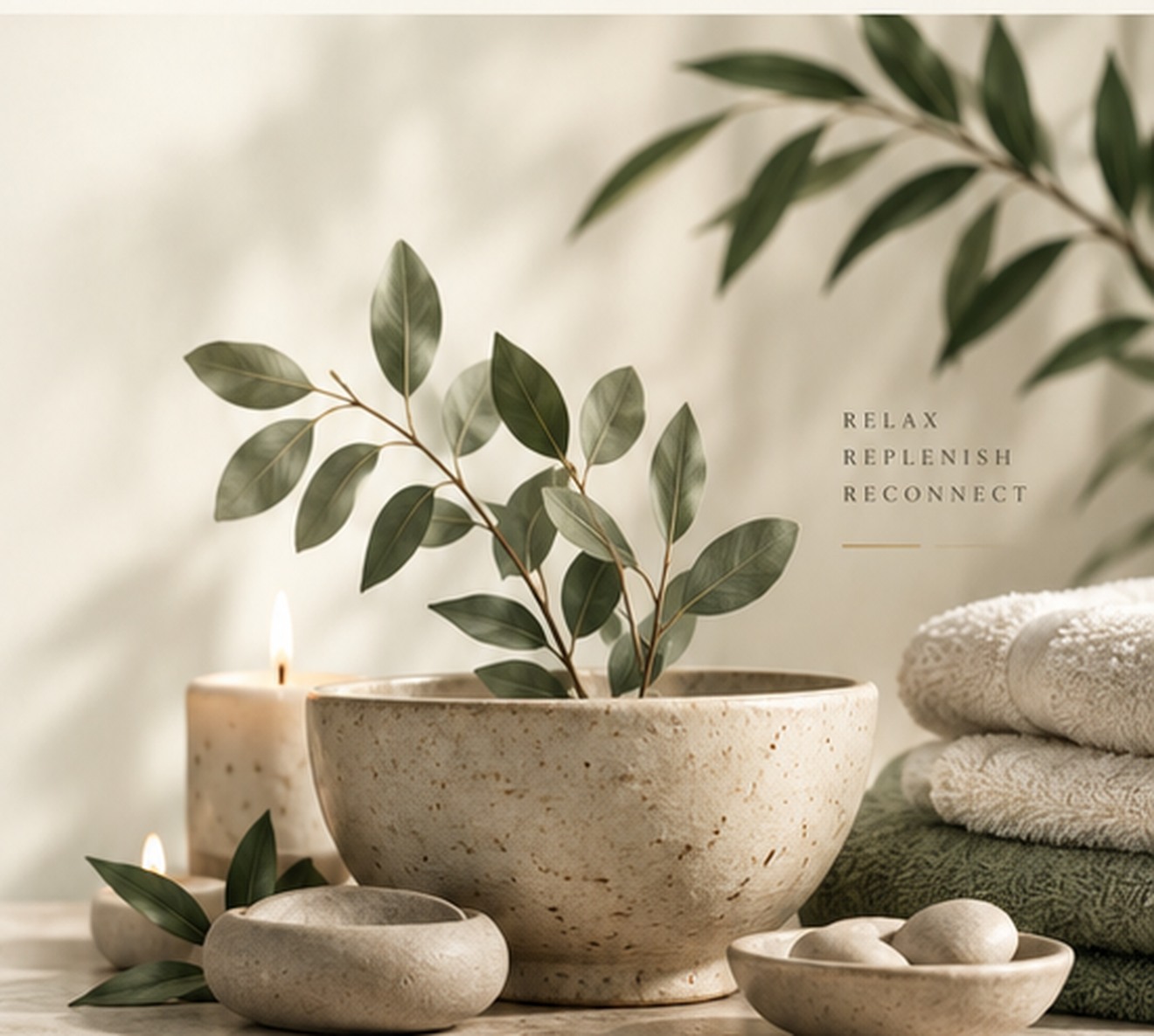 Sage-toned spa setting with candles, towels, botanicals and stone bowls