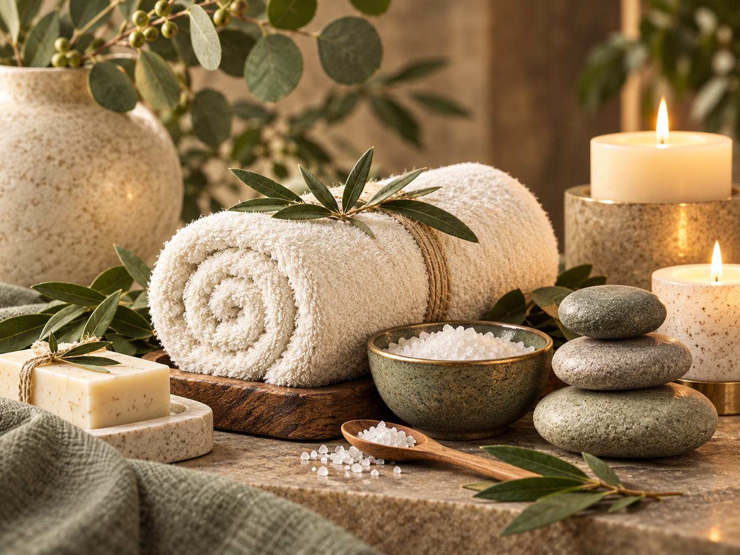 Luxury spa still life with soft towels, candles, botanicals, stones and bath salts